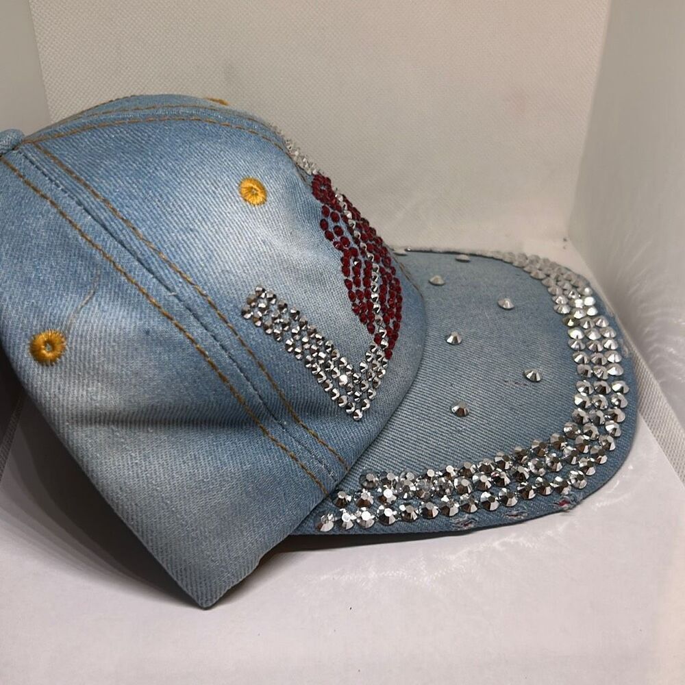 Distressed Denim Rhinestone LOVE Baseball Cap - Picture 3 of 4